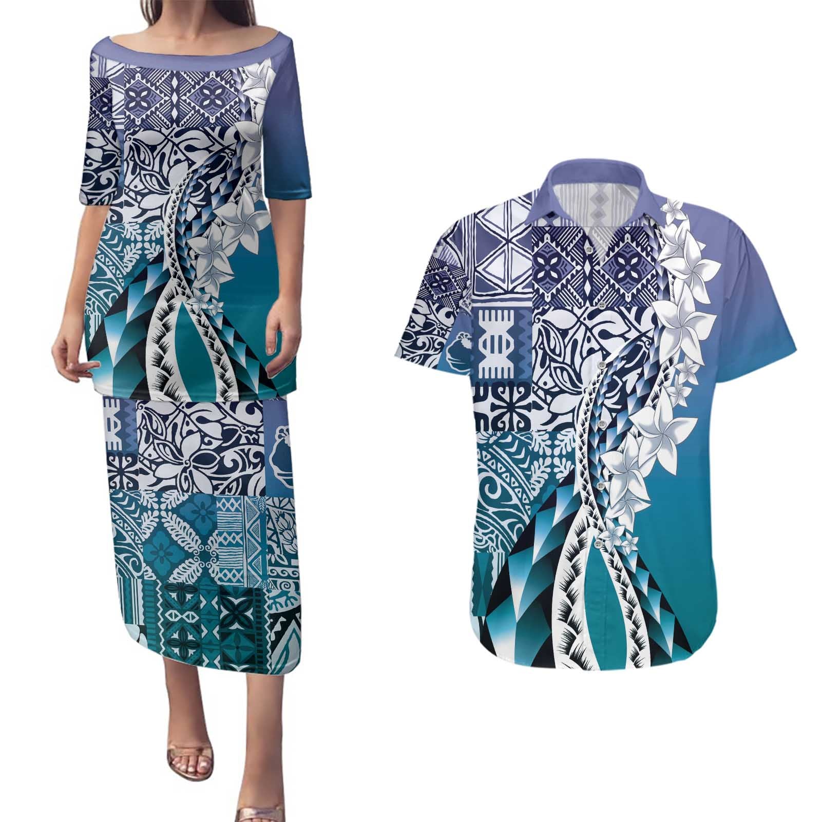 Aloha Vintage Plumeria Hawaiian Tapa Pattern Couples Matching Puletasi and Hawaiian Shirt Blue Hawaiian Tapa Pattern - Polynesian Pride