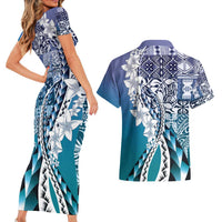 Aloha Vintage Plumeria Hawaiian Tapa Pattern Couples Matching Short Sleeve Bodycon Dress and Hawaiian Shirt Blue Hawaiian Tapa Pattern - Polynesian Pride