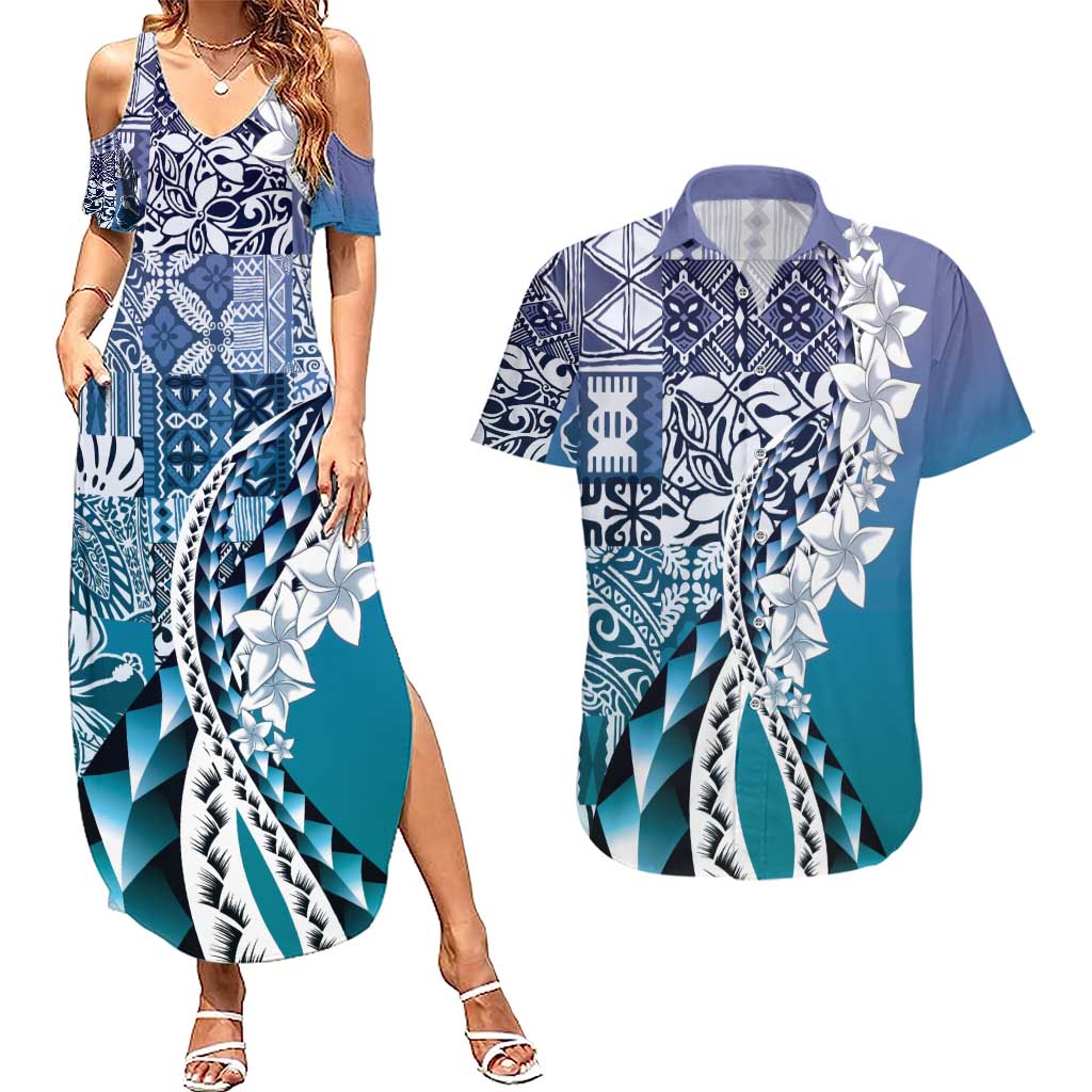 Aloha Vintage Plumeria Hawaiian Tapa Pattern Couples Matching Summer Maxi Dress and Hawaiian Shirt Blue Hawaiian Tapa Pattern - Polynesian Pride