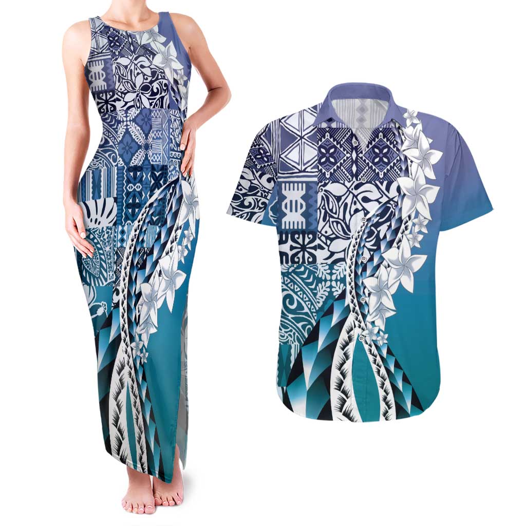 Aloha Vintage Plumeria Hawaiian Tapa Pattern Couples Matching Tank Maxi Dress and Hawaiian Shirt Blue Hawaiian Tapa Pattern - Polynesian Pride