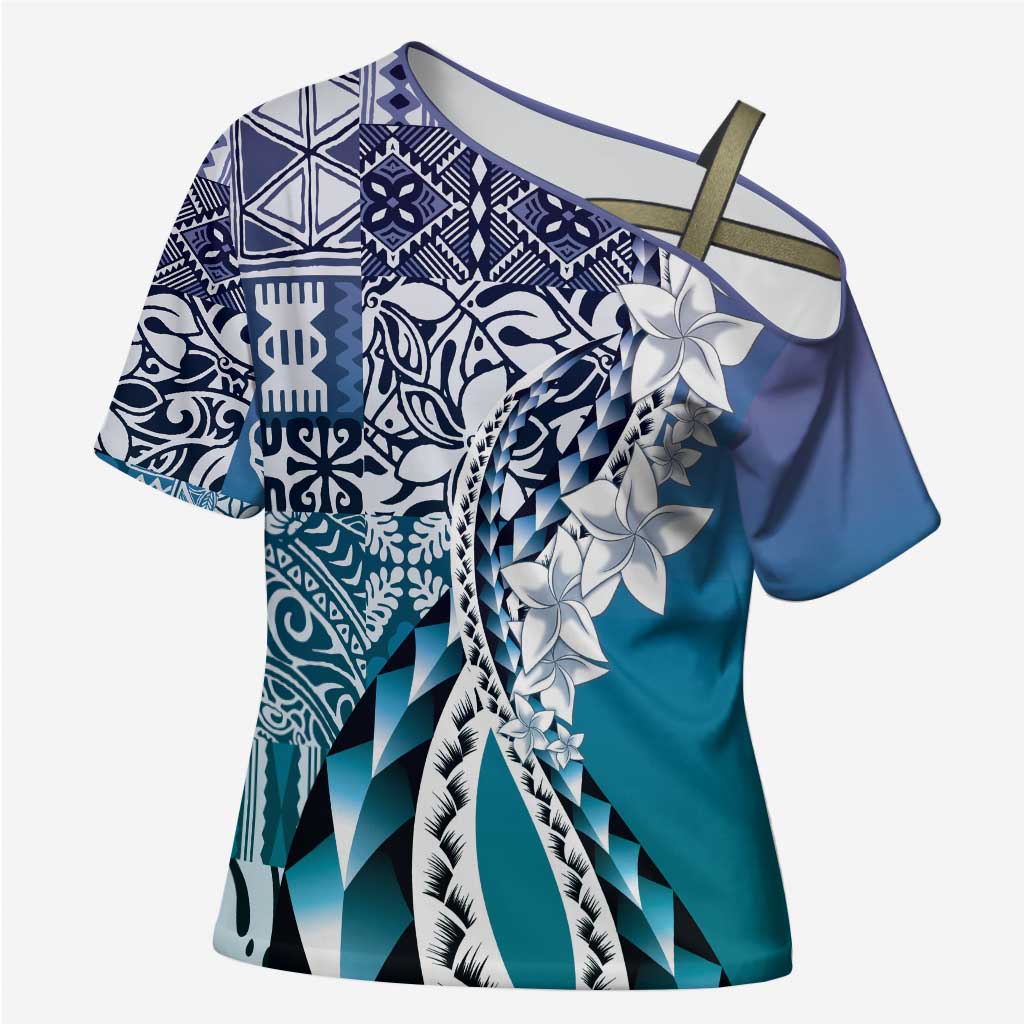 Aloha Vintage Plumeria Hawaiian Tapa Pattern Cross Shoulder Shirt Blue Hawaiian Tapa Pattern LT9 Female Blue - Polynesian Pride
