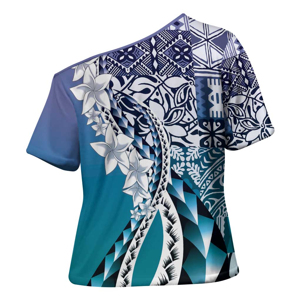 Aloha Vintage Plumeria Hawaiian Tapa Pattern Cross Shoulder Shirt Blue Hawaiian Tapa Pattern LT9 - Polynesian Pride