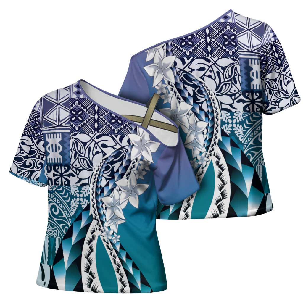 Aloha Vintage Plumeria Hawaiian Tapa Pattern Cross Shoulder Shirt Blue Hawaiian Tapa Pattern LT9 - Polynesian Pride