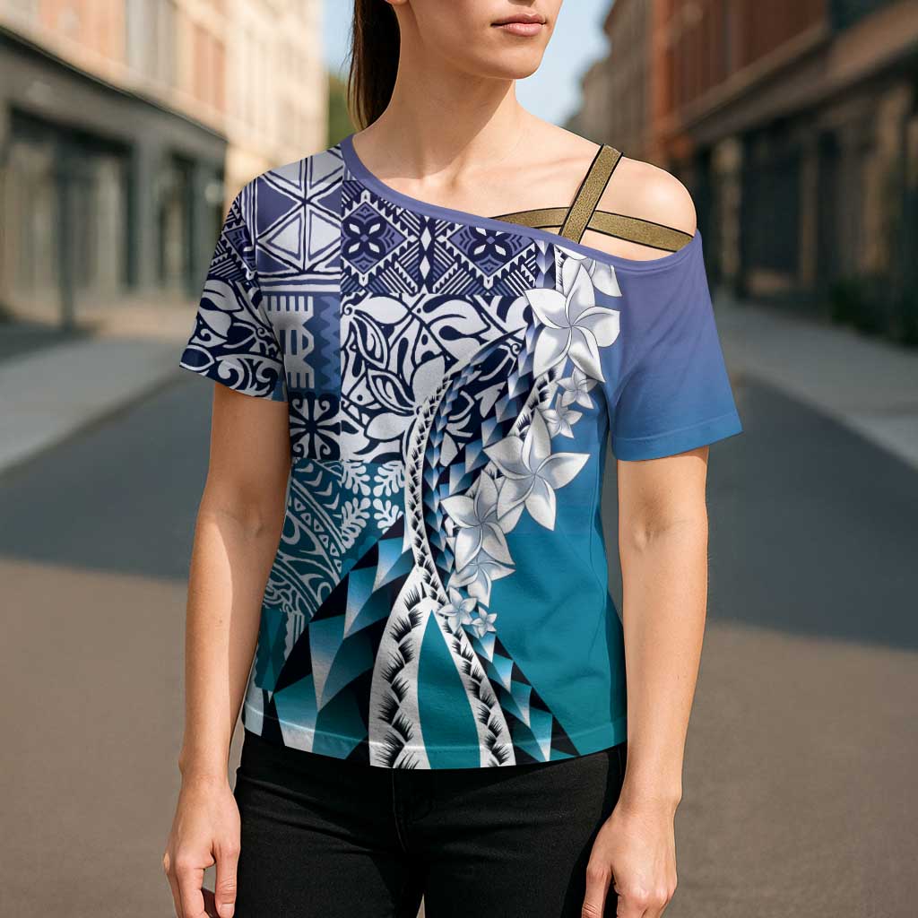 Aloha Vintage Plumeria Hawaiian Tapa Pattern Cross Shoulder Shirt Blue Hawaiian Tapa Pattern LT9 - Polynesian Pride
