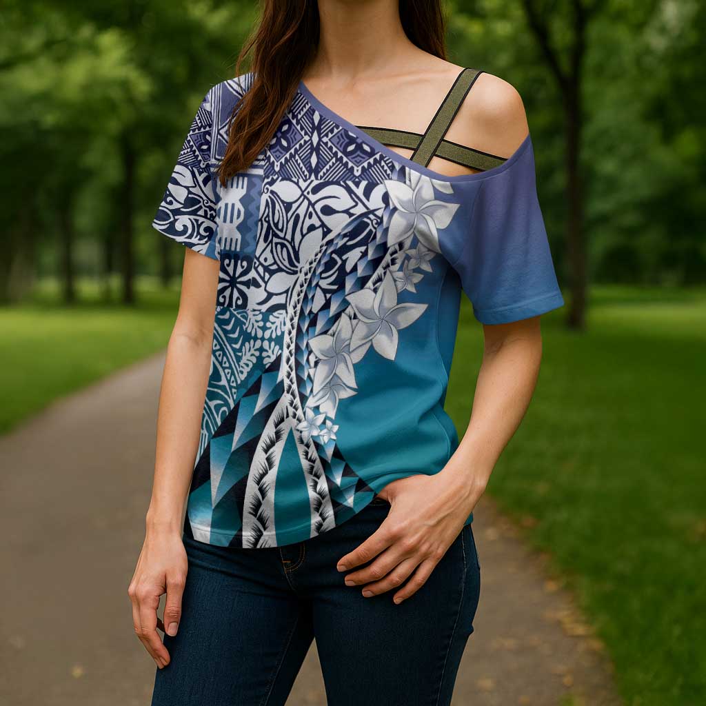 Aloha Vintage Plumeria Hawaiian Tapa Pattern Cross Shoulder Shirt Blue Hawaiian Tapa Pattern LT9 - Polynesian Pride