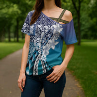 Aloha Vintage Plumeria Hawaiian Tapa Pattern Cross Shoulder Shirt Blue Hawaiian Tapa Pattern LT9 - Polynesian Pride