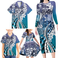 Aloha Vintage Plumeria Hawaiian Tapa Pattern Family Matching Long Sleeve Bodycon Dress and Hawaiian Shirt Blue Hawaiian Tapa Pattern - Polynesian Pride