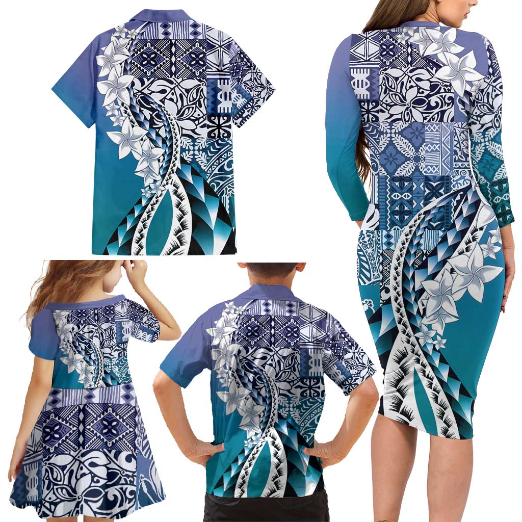 Aloha Vintage Plumeria Hawaiian Tapa Pattern Family Matching Long Sleeve Bodycon Dress and Hawaiian Shirt Blue Hawaiian Tapa Pattern - Polynesian Pride