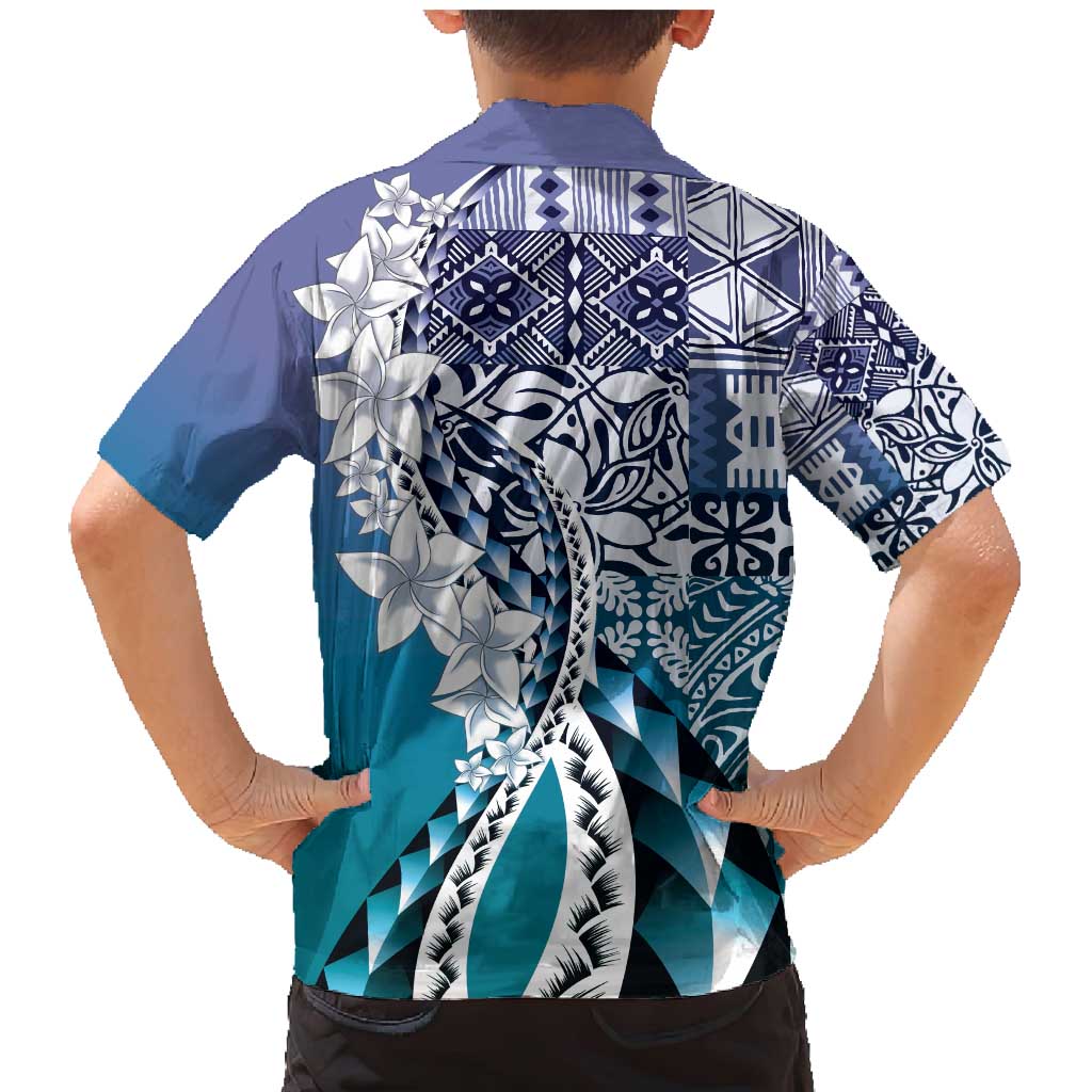 Aloha Vintage Plumeria Hawaiian Tapa Pattern Family Matching Mermaid Dress and Hawaiian Shirt Blue Hawaiian Tapa Pattern - Polynesian Pride
