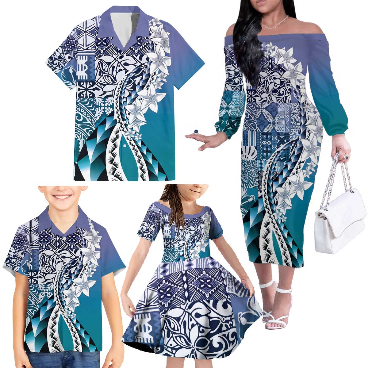 Aloha Vintage Plumeria Hawaiian Tapa Pattern Family Matching Off The Shoulder Long Sleeve Dress and Hawaiian Shirt Blue Hawaiian Tapa Pattern - Polynesian Pride