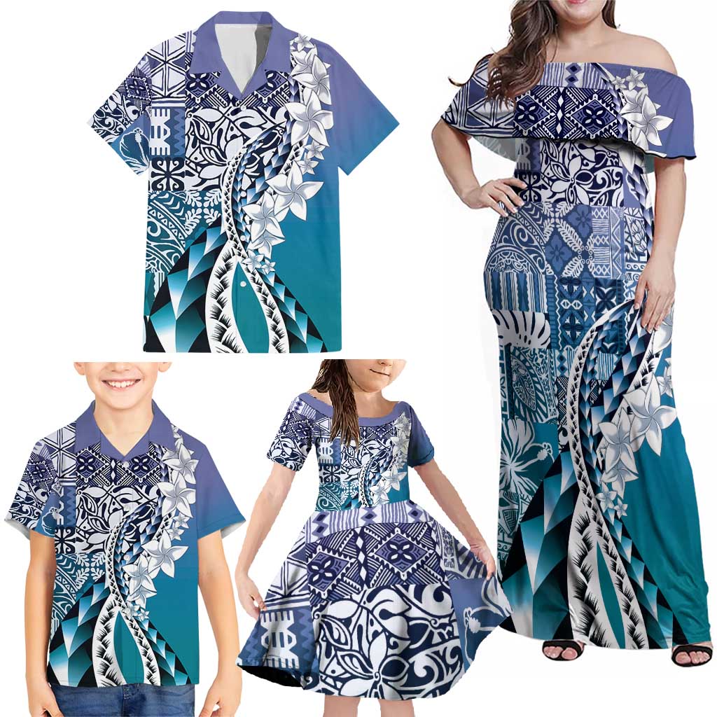 Aloha Vintage Plumeria Hawaiian Tapa Pattern Family Matching Off Shoulder Maxi Dress and Hawaiian Shirt Blue Hawaiian Tapa Pattern - Polynesian Pride