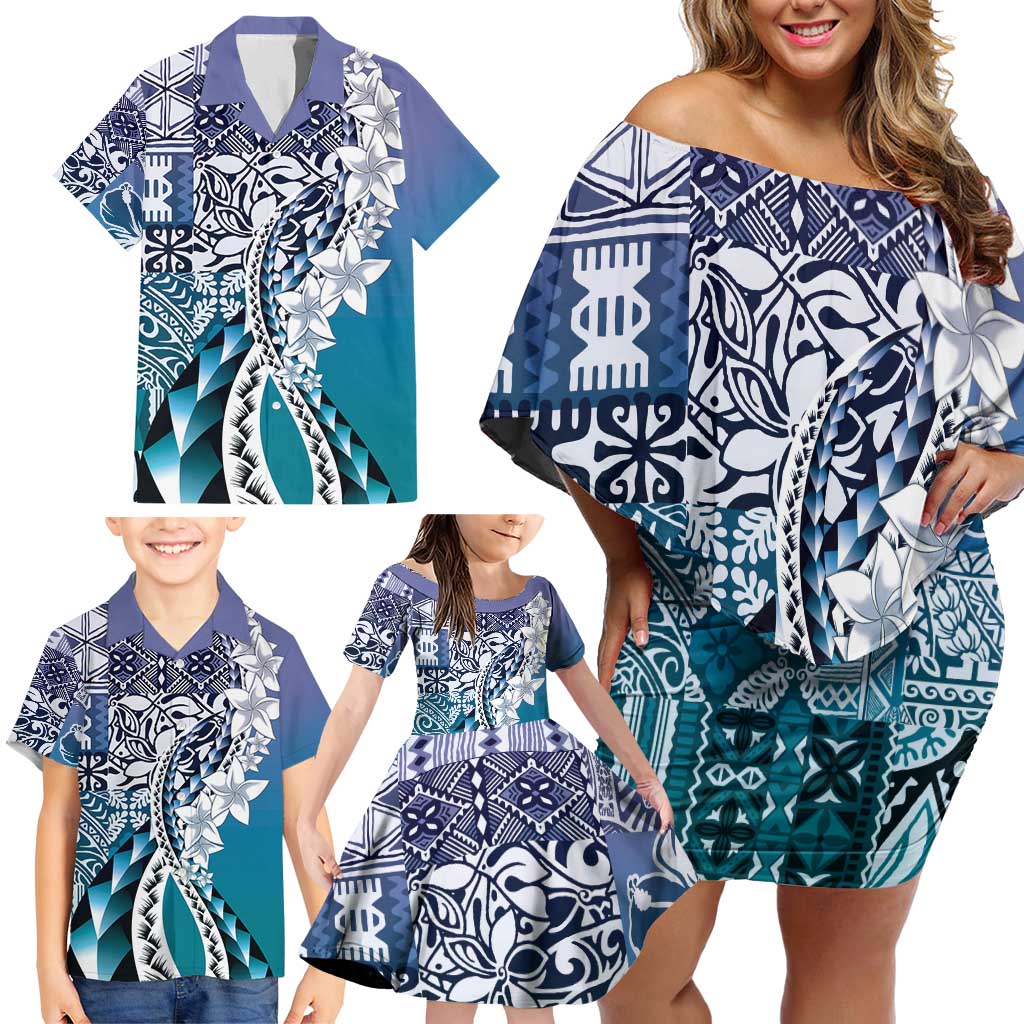 Aloha Vintage Plumeria Hawaiian Tapa Pattern Family Matching Off Shoulder Short Dress and Hawaiian Shirt Blue Hawaiian Tapa Pattern - Polynesian Pride