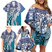 Aloha Vintage Plumeria Hawaiian Tapa Pattern Family Matching Off Shoulder Short Dress and Hawaiian Shirt Blue Hawaiian Tapa Pattern - Polynesian Pride