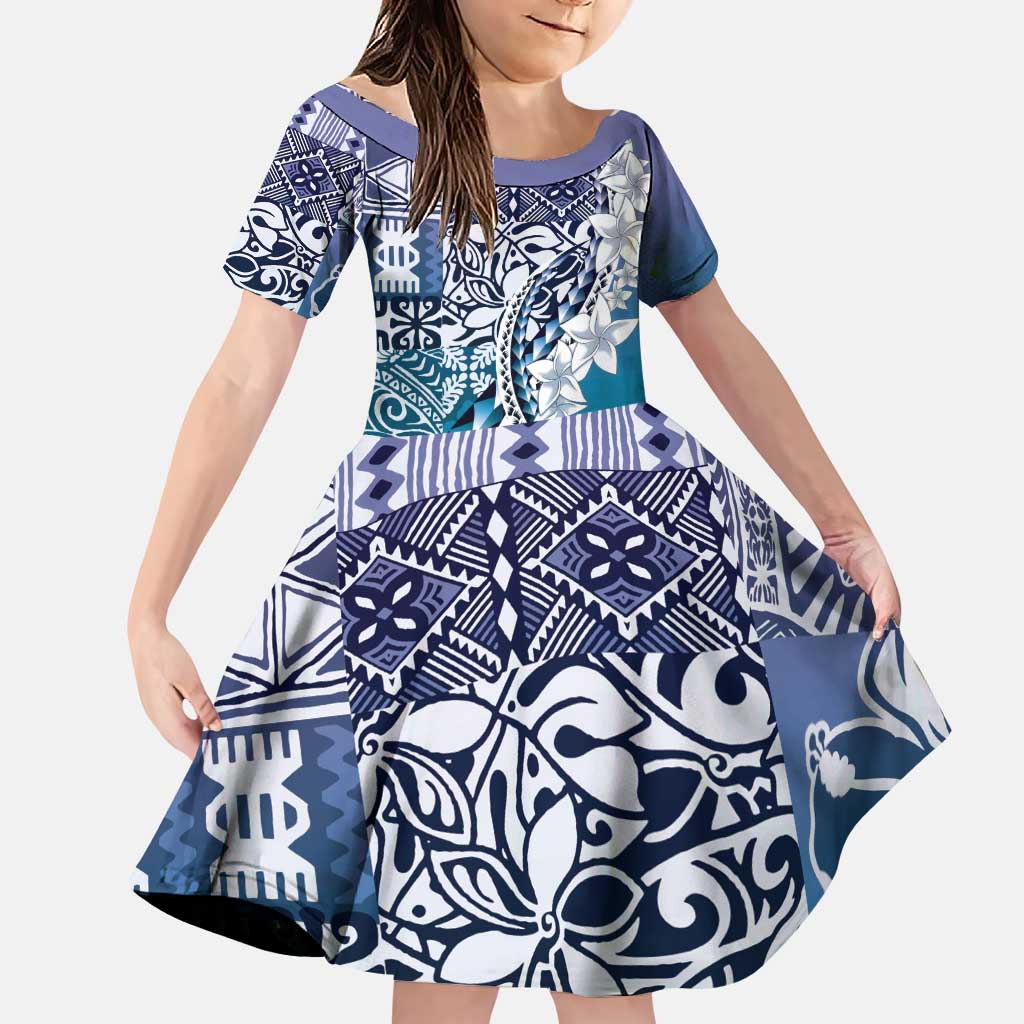 Aloha Vintage Plumeria Hawaiian Tapa Pattern Family Matching Puletasi and Hawaiian Shirt Blue Hawaiian Tapa Pattern LT9 Daughter's Dress Blue - Polynesian Pride