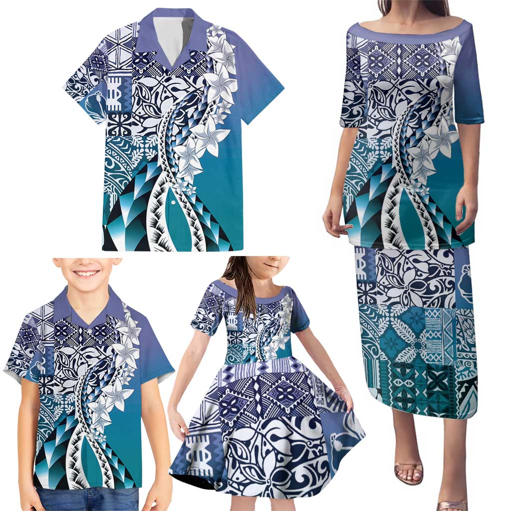 Aloha Vintage Plumeria Hawaiian Tapa Pattern Family Matching Puletasi and Hawaiian Shirt Blue Hawaiian Tapa Pattern LT9 - Polynesian Pride