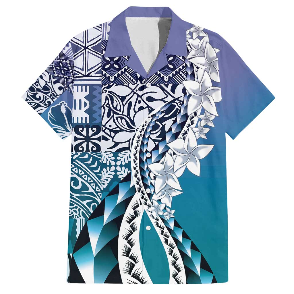 Aloha Vintage Plumeria Hawaiian Tapa Pattern Family Matching Puletasi and Hawaiian Shirt Blue Hawaiian Tapa Pattern LT9 Dad's Shirt - Short Sleeve Blue - Polynesian Pride