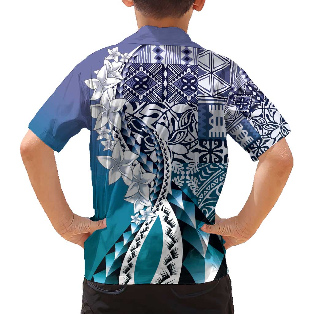 Aloha Vintage Plumeria Hawaiian Tapa Pattern Family Matching Short Sleeve Bodycon Dress and Hawaiian Shirt Blue Hawaiian Tapa Pattern - Polynesian Pride