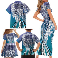 Aloha Vintage Plumeria Hawaiian Tapa Pattern Family Matching Short Sleeve Bodycon Dress and Hawaiian Shirt Blue Hawaiian Tapa Pattern - Polynesian Pride