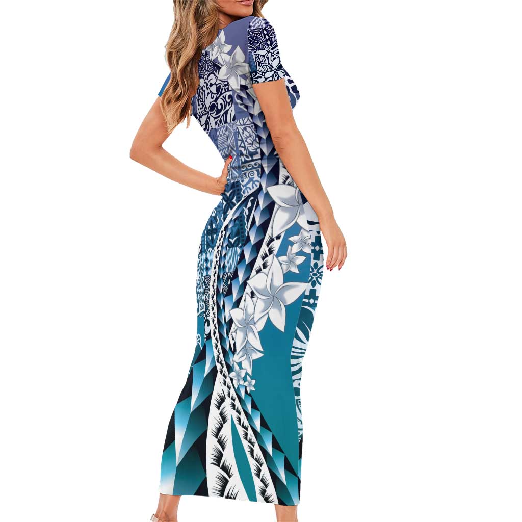 Aloha Vintage Plumeria Hawaiian Tapa Pattern Family Matching Short Sleeve Bodycon Dress and Hawaiian Shirt Blue Hawaiian Tapa Pattern - Polynesian Pride