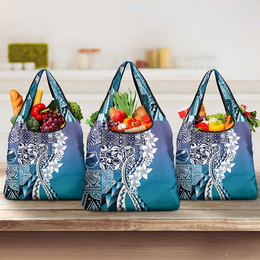 Aloha Vintage Plumeria Hawaiian Tapa Pattern Grocery Bag Blue Hawaiian Tapa Pattern - Polynesian Pride