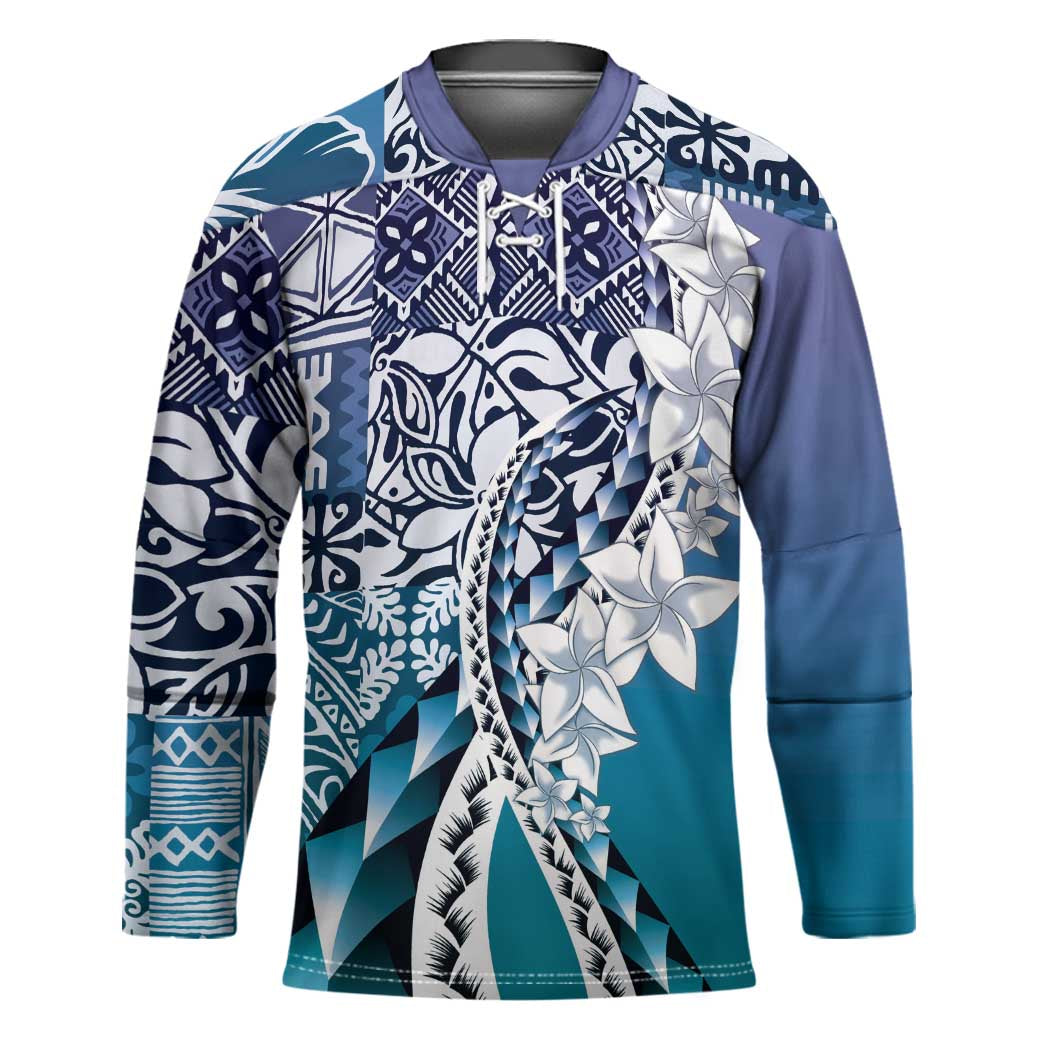 Aloha Vintage Plumeria Hawaiian Tapa Pattern Hockey Jersey Blue Hawaiian Tapa Pattern LT9 Unisex Blue - Polynesian Pride