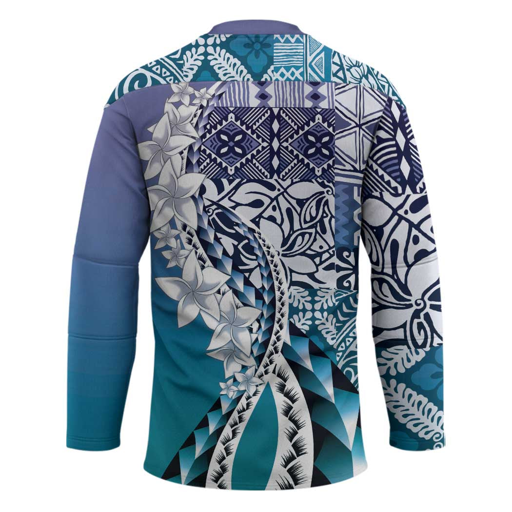 Aloha Vintage Plumeria Hawaiian Tapa Pattern Hockey Jersey Blue Hawaiian Tapa Pattern LT9 - Polynesian Pride