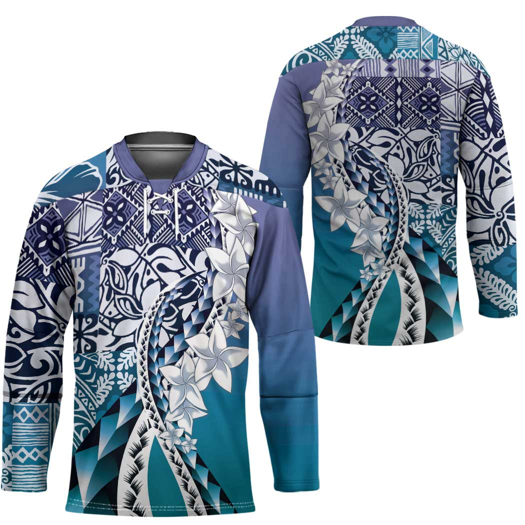 Aloha Vintage Plumeria Hawaiian Tapa Pattern Hockey Jersey Blue Hawaiian Tapa Pattern LT9 - Polynesian Pride