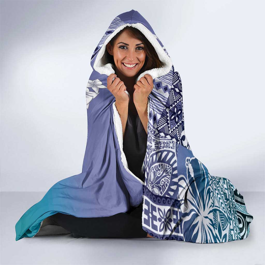 Aloha Vintage Plumeria Hawaiian Tapa Pattern Hooded Blanket Blue Hawaiian Tapa Pattern - Polynesian Pride