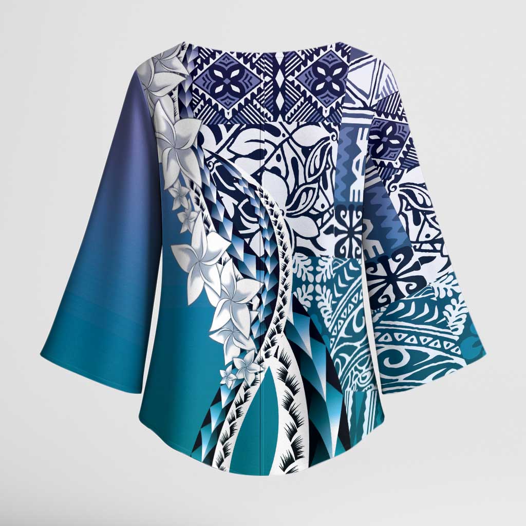 Aloha Vintage Plumeria Hawaiian Tapa Pattern Kimono Sleeve Blouse Blue Hawaiian Tapa Pattern - Polynesian Pride