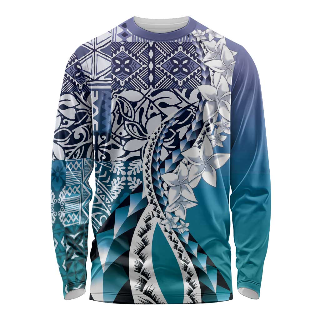 Aloha Vintage Plumeria Hawaiian Tapa Pattern Long Sleeve Shirt Blue Hawaiian Tapa Pattern LT9 Unisex Blue - Polynesian Pride