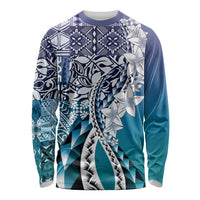Aloha Vintage Plumeria Hawaiian Tapa Pattern Long Sleeve Shirt Blue Hawaiian Tapa Pattern LT9 Unisex Blue - Polynesian Pride