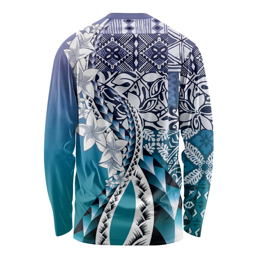 Aloha Vintage Plumeria Hawaiian Tapa Pattern Long Sleeve Shirt Blue Hawaiian Tapa Pattern LT9 - Polynesian Pride