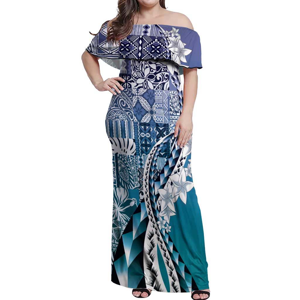 Aloha Vintage Plumeria Hawaiian Tapa Pattern Off Shoulder Maxi Dress Blue Hawaiian Tapa Pattern - Polynesian Pride