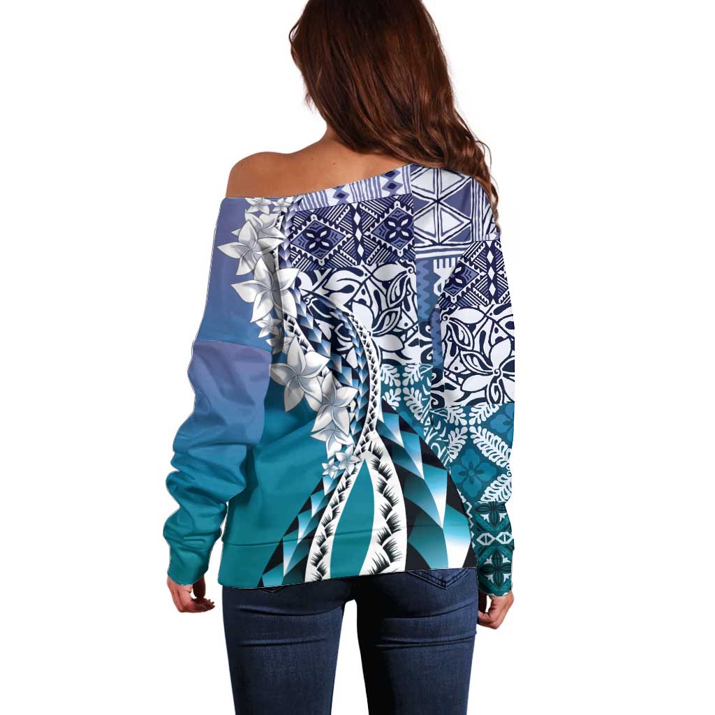 Aloha Vintage Plumeria Hawaiian Tapa Pattern Off Shoulder Sweater Blue Hawaiian Tapa Pattern - Polynesian Pride