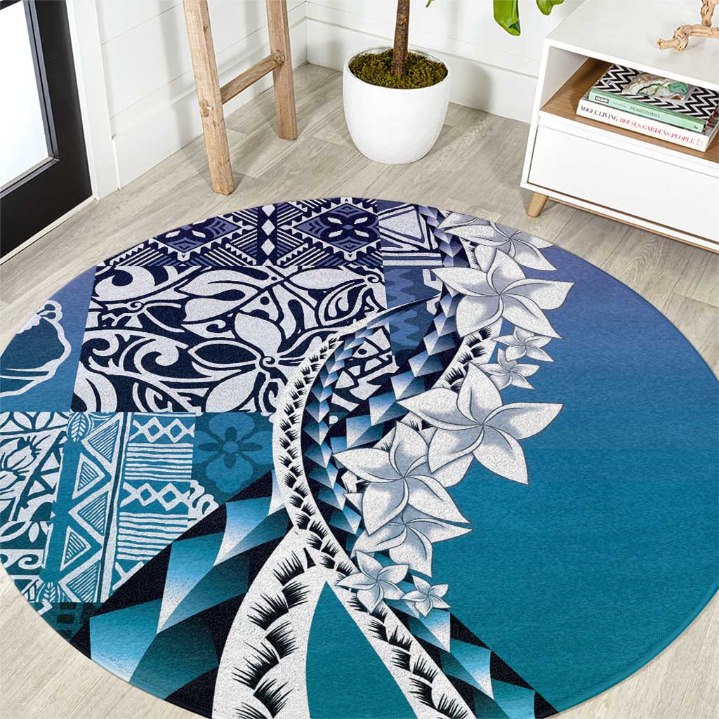Aloha Vintage Plumeria Hawaiian Tapa Pattern Round Carpet Blue Hawaiian Tapa Pattern - Polynesian Pride
