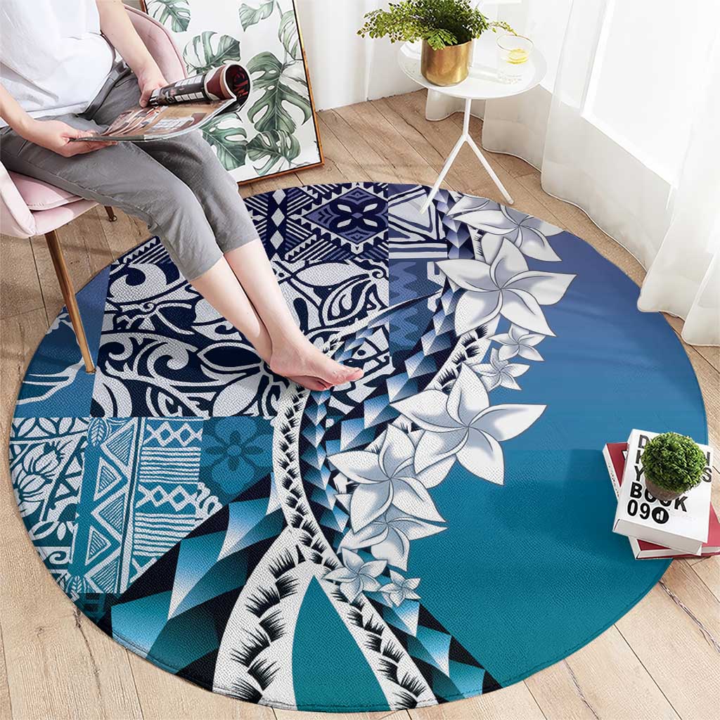 Aloha Vintage Plumeria Hawaiian Tapa Pattern Round Carpet Blue Hawaiian Tapa Pattern - Polynesian Pride