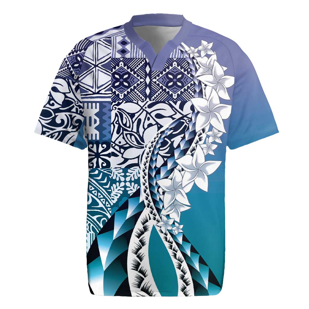 Aloha Vintage Plumeria Hawaiian Tapa Pattern Rugby Jersey Blue Hawaiian Tapa Pattern LT9 Blue - Polynesian Pride