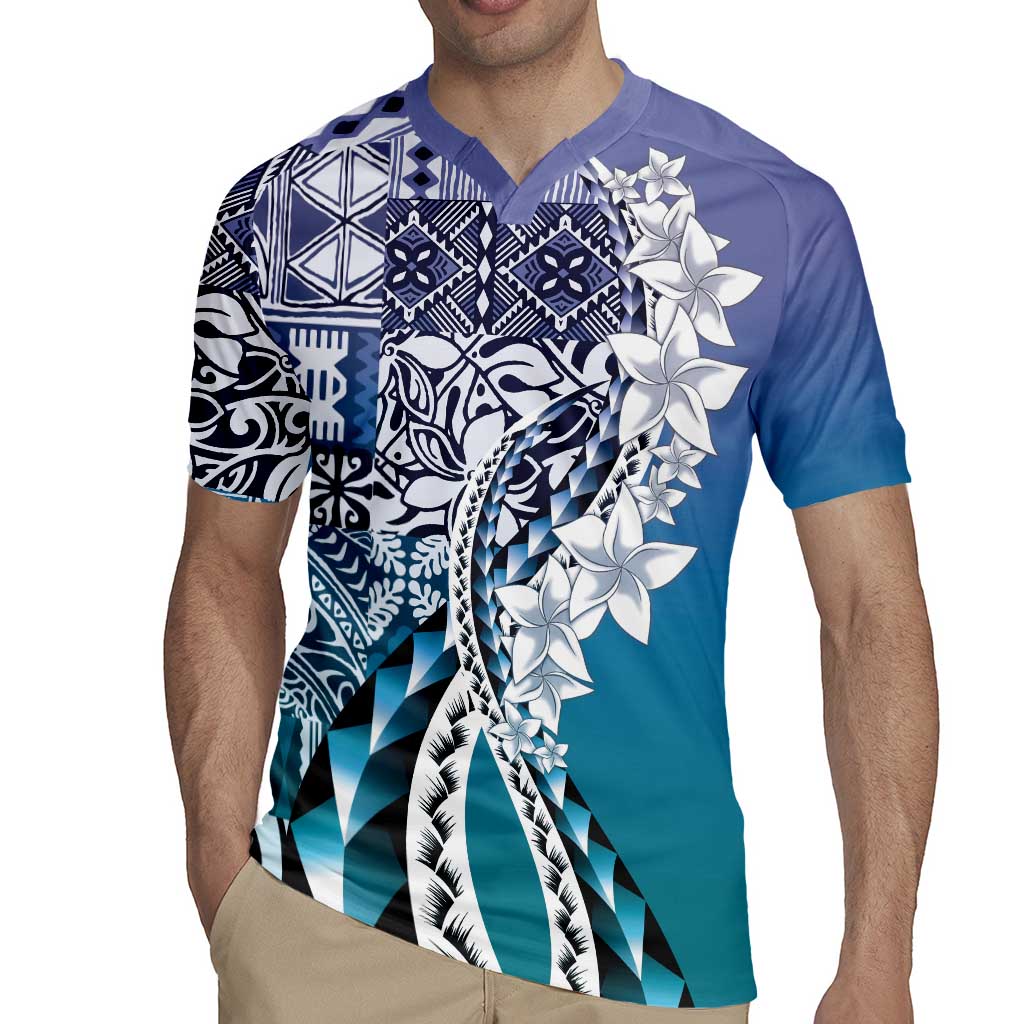 Aloha Vintage Plumeria Hawaiian Tapa Pattern Rugby Jersey Blue Hawaiian Tapa Pattern LT9 - Polynesian Pride