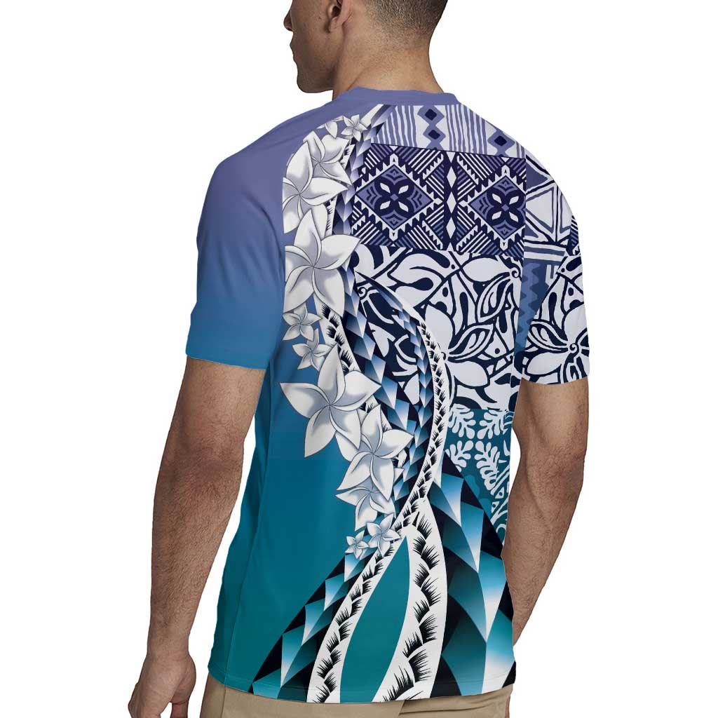 Aloha Vintage Plumeria Hawaiian Tapa Pattern Rugby Jersey Blue Hawaiian Tapa Pattern LT9 - Polynesian Pride