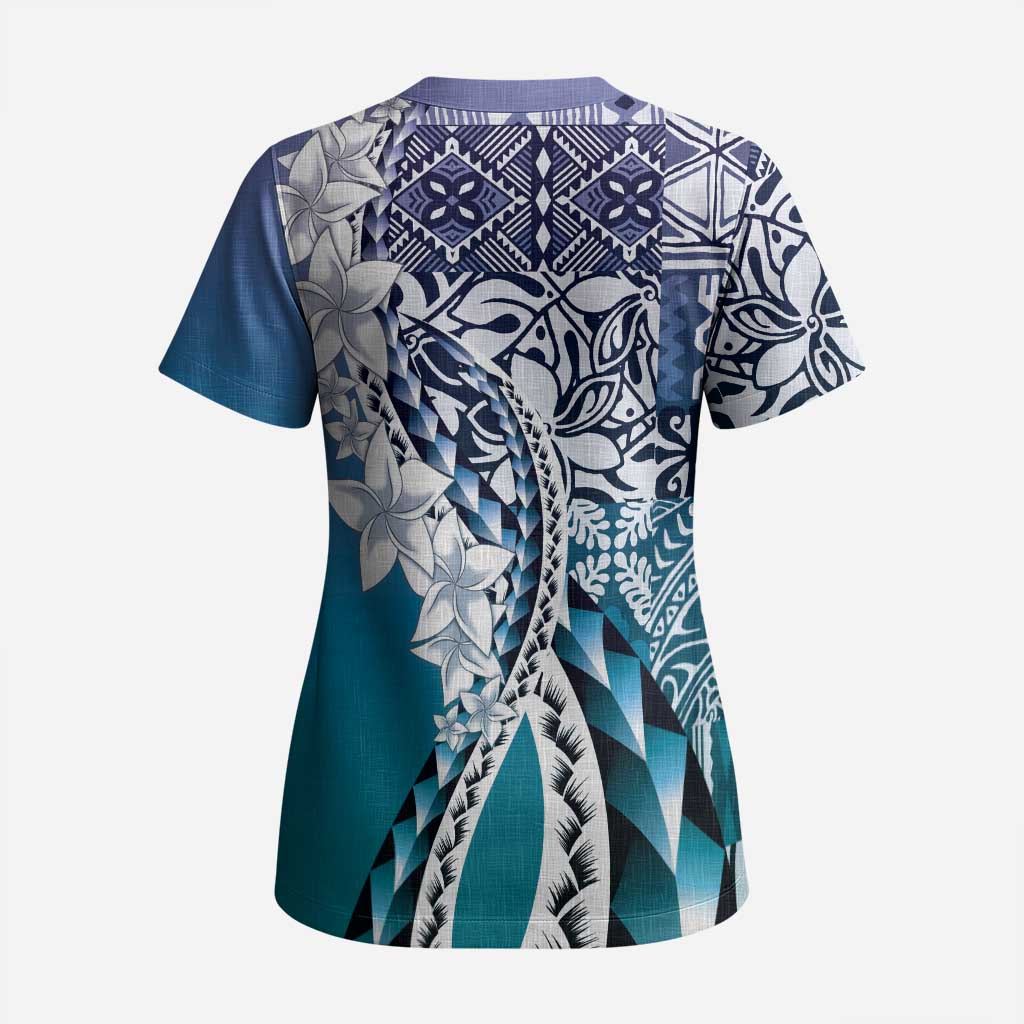 Aloha Vintage Plumeria Hawaiian Tapa Pattern Scrub Top Blue Hawaiian Tapa Pattern - Polynesian Pride