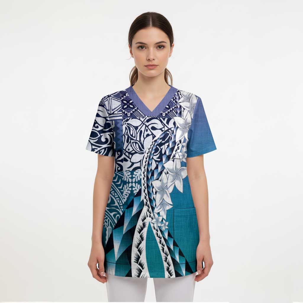 Aloha Vintage Plumeria Hawaiian Tapa Pattern Scrub Top Blue Hawaiian Tapa Pattern - Polynesian Pride