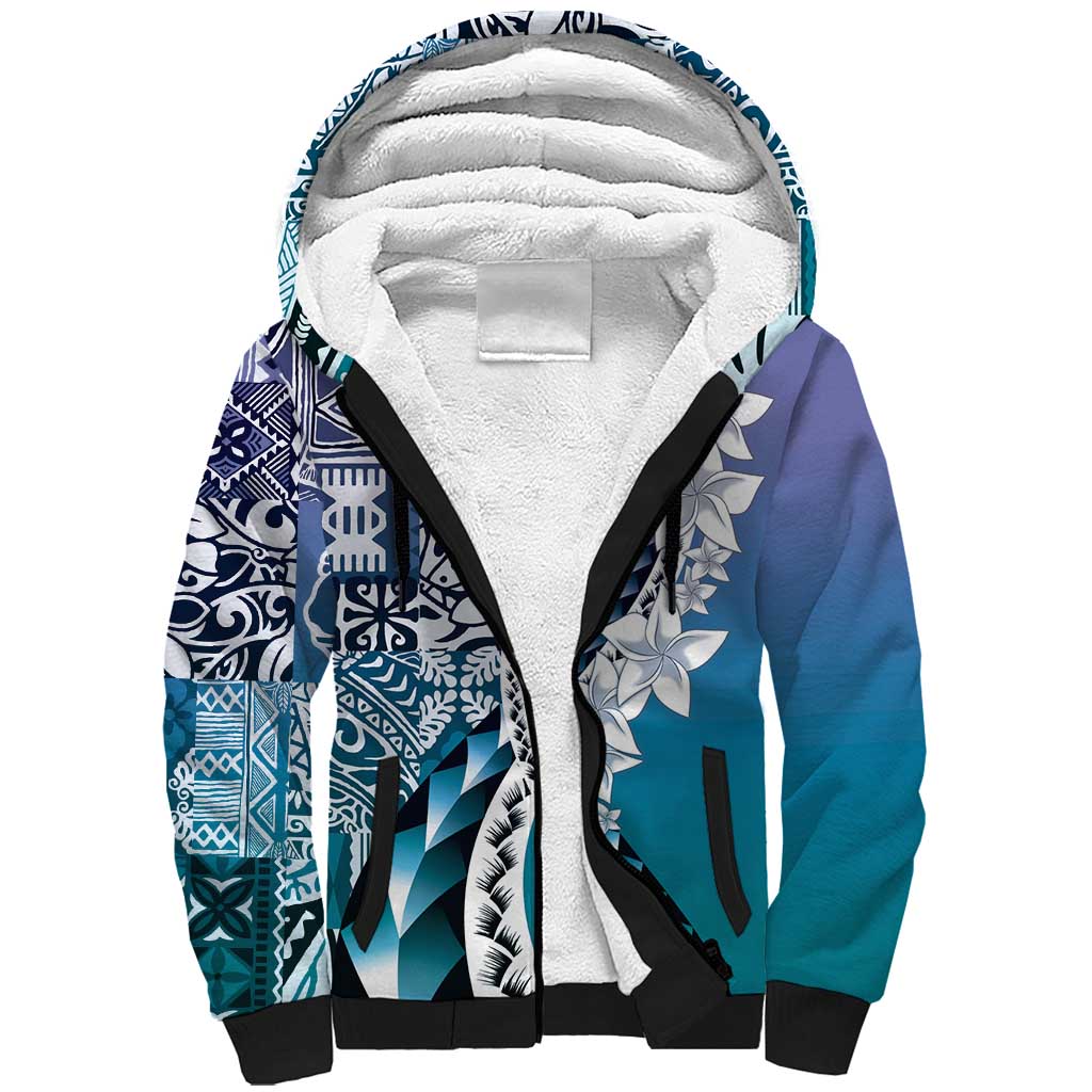 Aloha Vintage Plumeria Hawaiian Tapa Pattern Sherpa Hoodie Blue Hawaiian Tapa Pattern LT9 Unisex Blue - Polynesian Pride