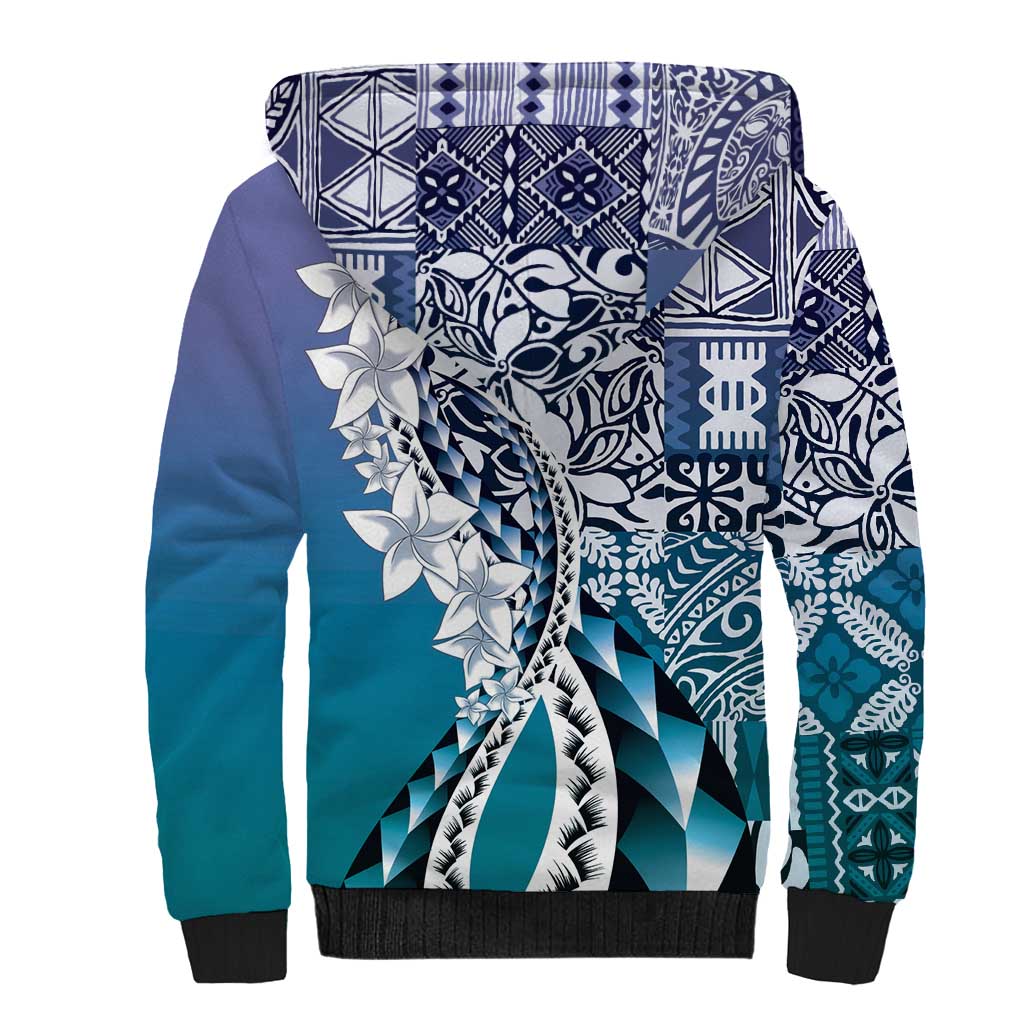 Aloha Vintage Plumeria Hawaiian Tapa Pattern Sherpa Hoodie Blue Hawaiian Tapa Pattern LT9 - Polynesian Pride