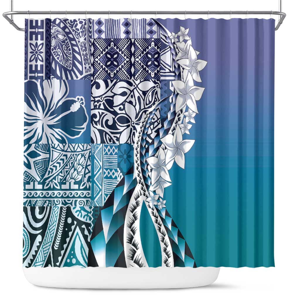 Aloha Vintage Plumeria Hawaiian Tapa Pattern Shower Curtain Blue Hawaiian Tapa Pattern - Polynesian Pride