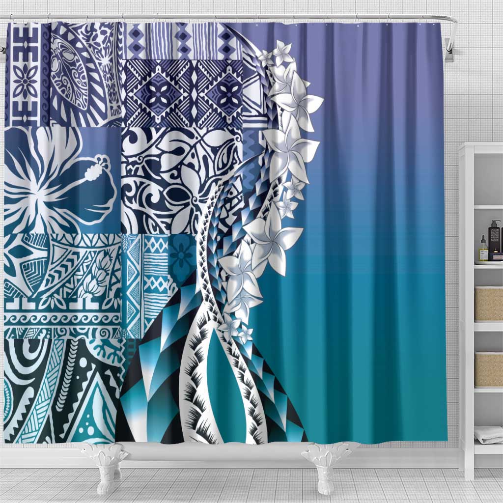 Aloha Vintage Plumeria Hawaiian Tapa Pattern Shower Curtain Blue Hawaiian Tapa Pattern - Polynesian Pride