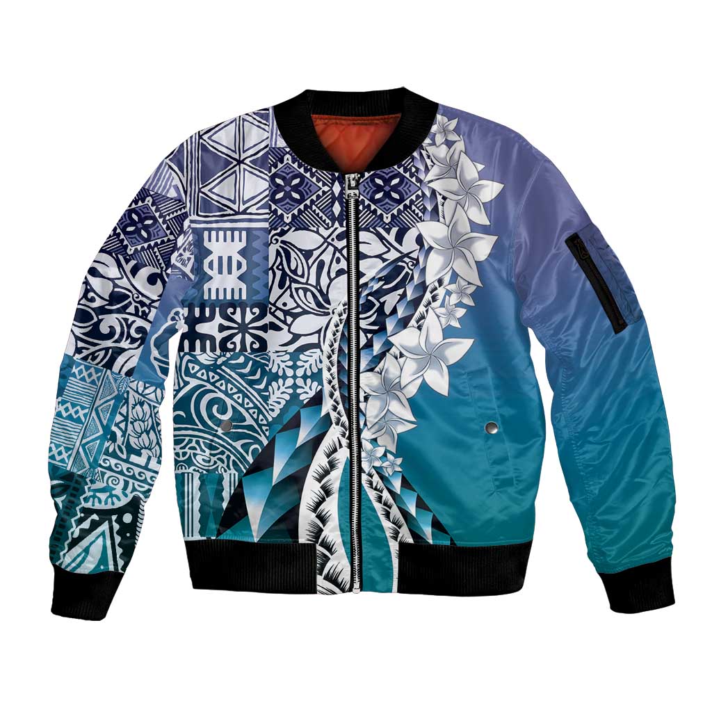 Aloha Vintage Plumeria Hawaiian Tapa Pattern Sleeve Zip Bomber Jacket Blue Hawaiian Tapa Pattern - Polynesian Pride
