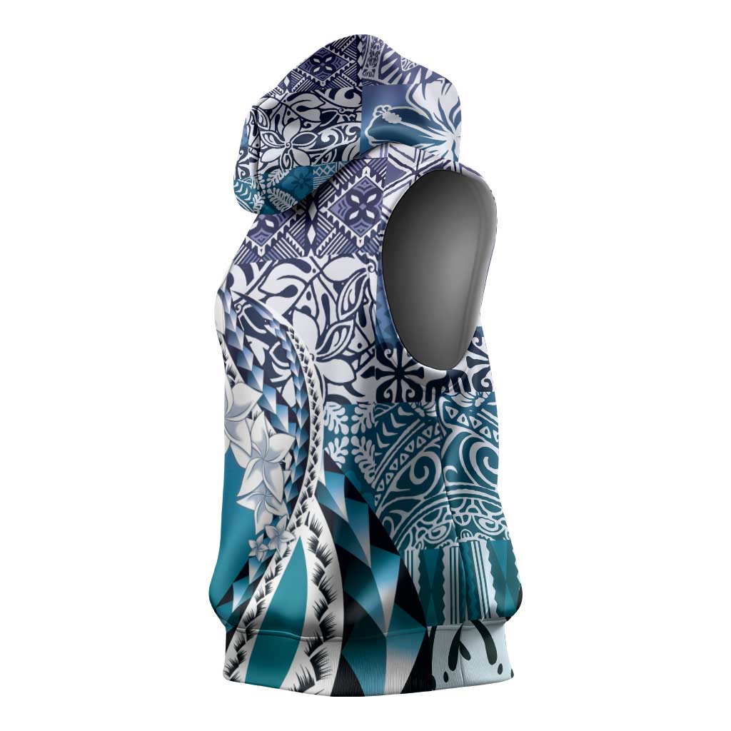 Aloha Vintage Plumeria Hawaiian Tapa Pattern Sleeveless Hoodie Blue Hawaiian Tapa Pattern LT9 - Polynesian Pride