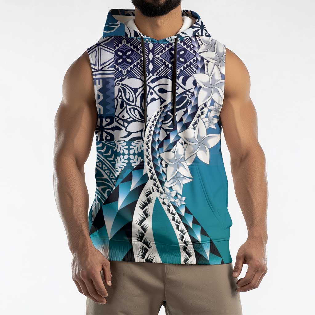 Aloha Vintage Plumeria Hawaiian Tapa Pattern Sleeveless Hoodie Blue Hawaiian Tapa Pattern LT9 - Polynesian Pride