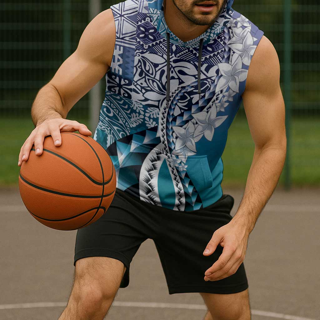 Aloha Vintage Plumeria Hawaiian Tapa Pattern Sleeveless Hoodie Blue Hawaiian Tapa Pattern LT9 - Polynesian Pride