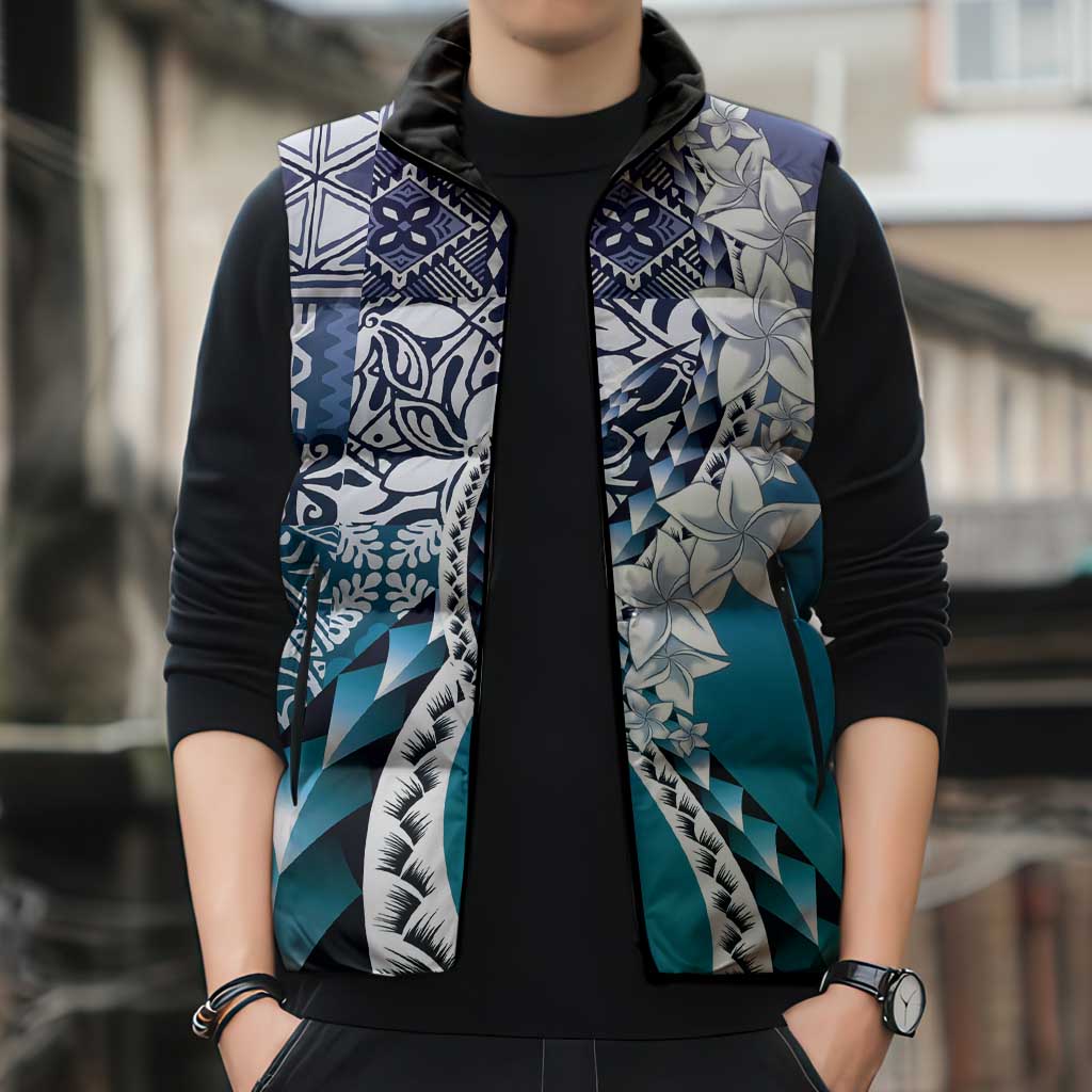 Aloha Vintage Plumeria Hawaiian Tapa Pattern Sleeveless Puffer Jacket Blue Hawaiian Tapa Pattern LT9 - Polynesian Pride
